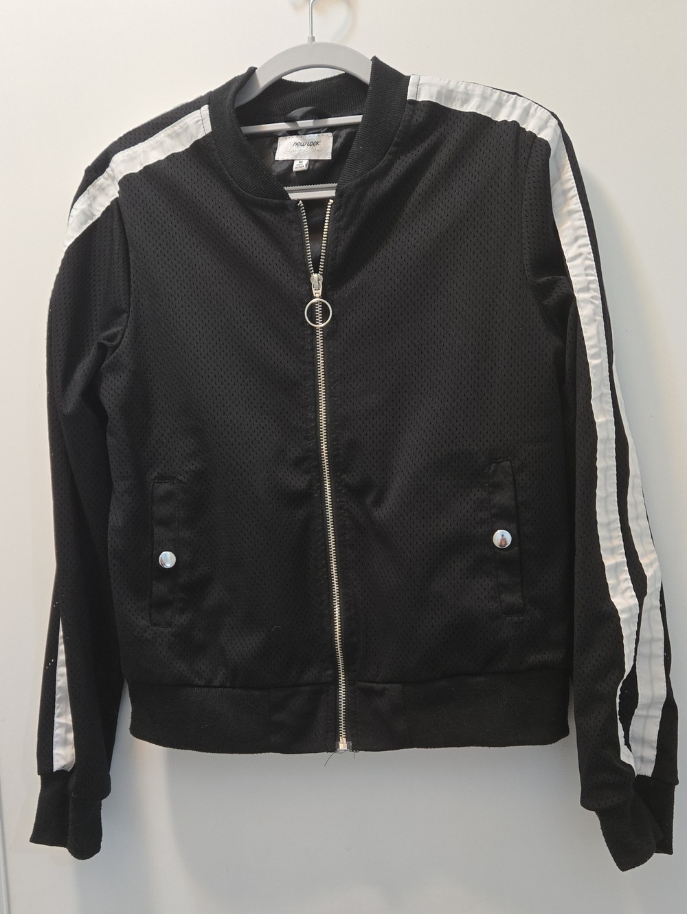 New Look Black Bomber Jacket with White Sleeve Stripes